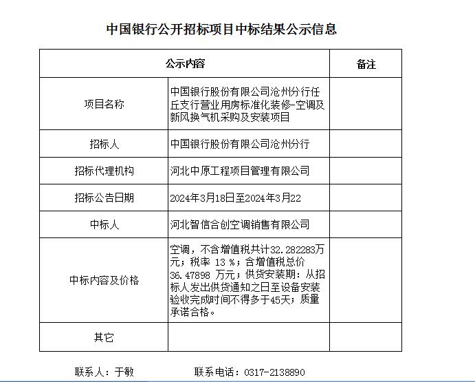 中國(guó)銀行股份有限公司滄州分行任丘支行營(yíng)業(yè)用房標(biāo)準(zhǔn)化裝修-空調(diào)及新風(fēng)換氣機(jī)采購(gòu)及安裝項(xiàng)目（中國(guó)銀行公開招標(biāo)項(xiàng)目中標(biāo)結(jié)果公示信息）.jpg